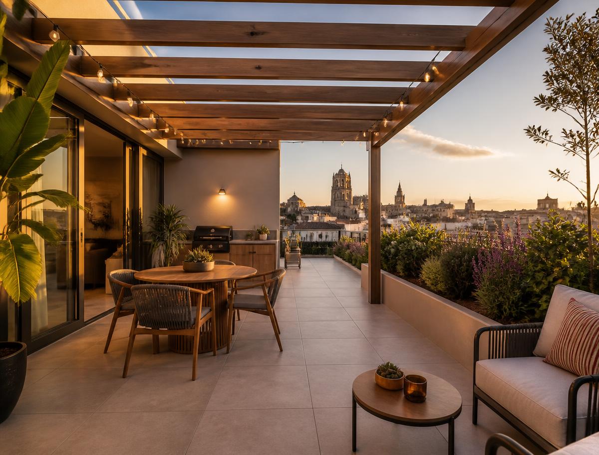 Terraza con pérgola e iluminación